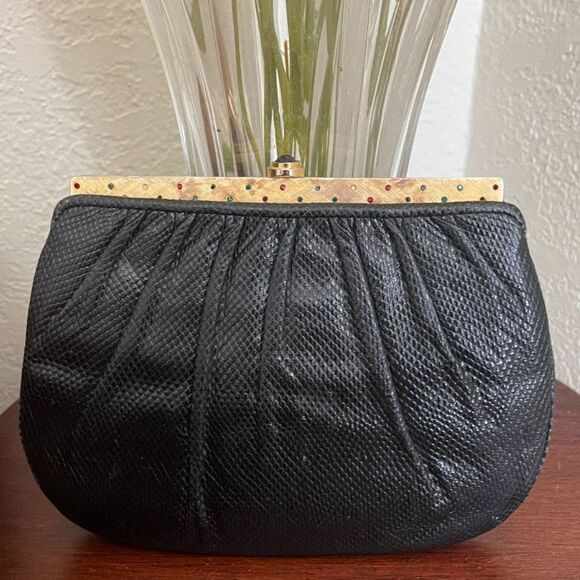 Judith Lieber Vtg Black Snakeskin Kiss Lock Gemstone & Gold Shoulder Bag Clutch